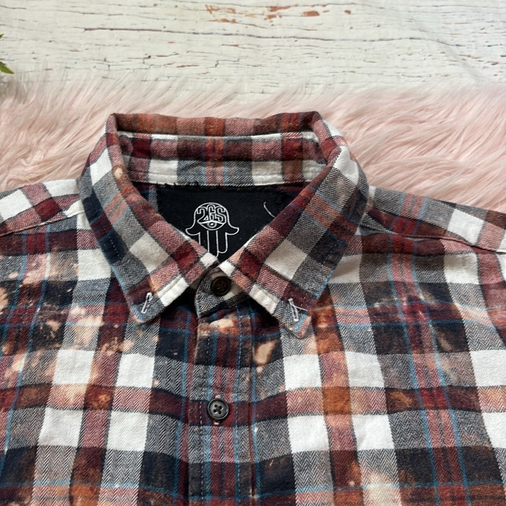 Two Gypsea Souls Unisex Upcycleded Bleached Distressed Flannel Button Down - Picture 2 of 10